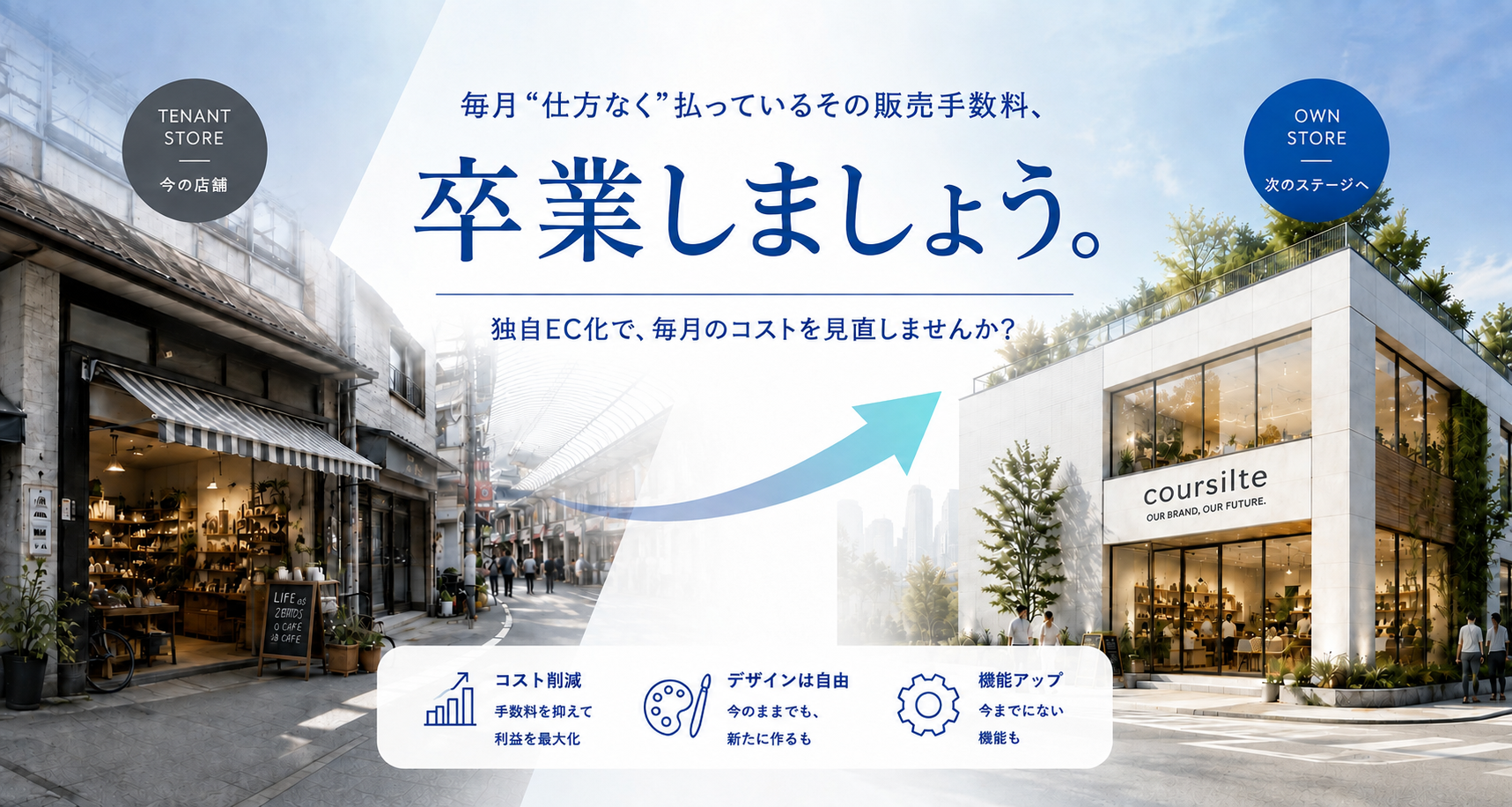 毎月“仕方なく”払っているその販売手数料、卒業しましょう。独自EC化で、毎月のコストを見直しませんか？　コスト削減：手数料を抑えて利益を最大化／自分の資産に：自社のブランドを未来につなぐ／自由な運営：理想のショップ運営をあなたの手で